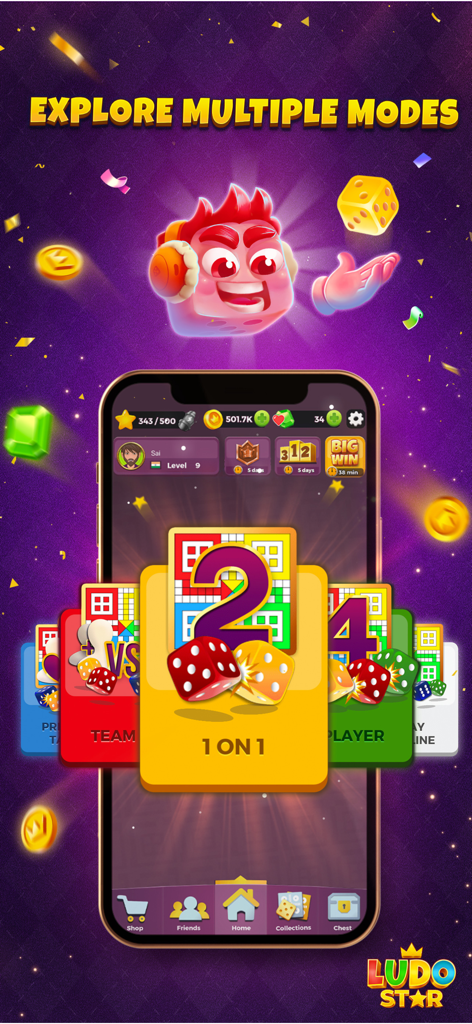 Ludo STAR mobile app screen showing various gameplay options including 1 on 1 and Team Up modes.