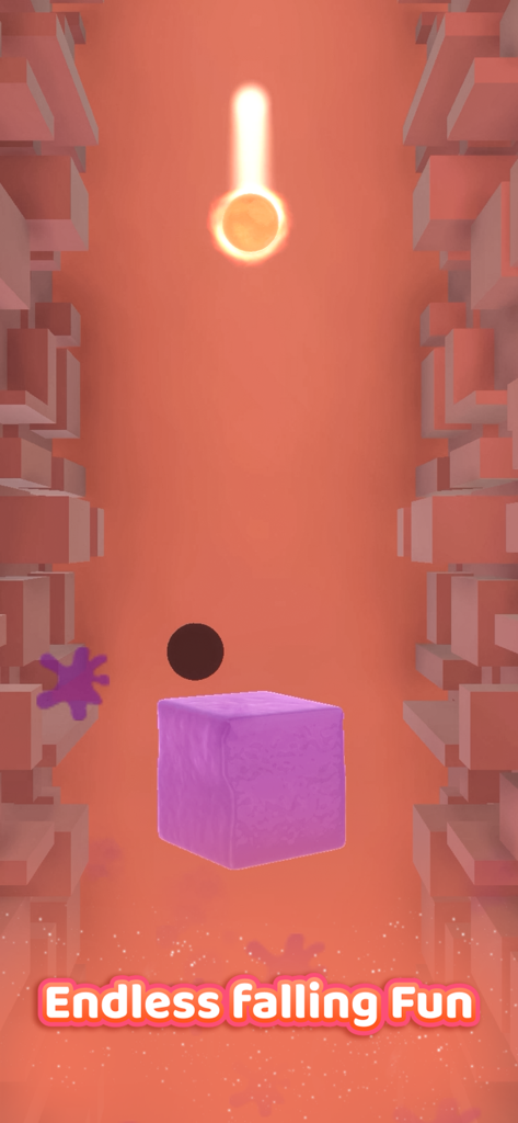 Jelly Ball - Tap Splash & Sync - Gameplay of Jelly Ball showing a ball falling toward a purple block with caption Endless falling Fun