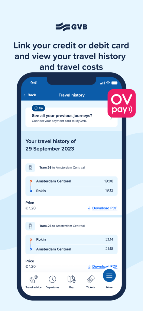 Pantalla del historial de viajes de GVB que muestra los detalles y costes del viaje con la tarjeta de pago vinculada