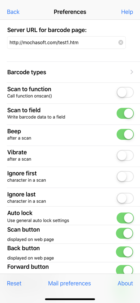 Preferences menu of the Barcode to Web Scanner app showing settings for server URL and scan behavior.
