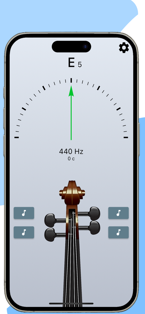 Interface de l'application d'accordage de violon avec une aiguille visuelle indiquant une note de Mi accordée.