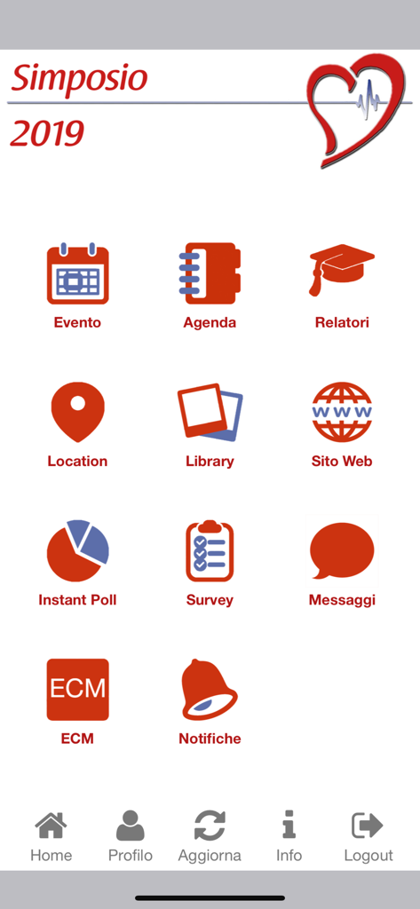 Deep ECM app dashboard with menu icons for medical symposium agenda, speakers, and credits