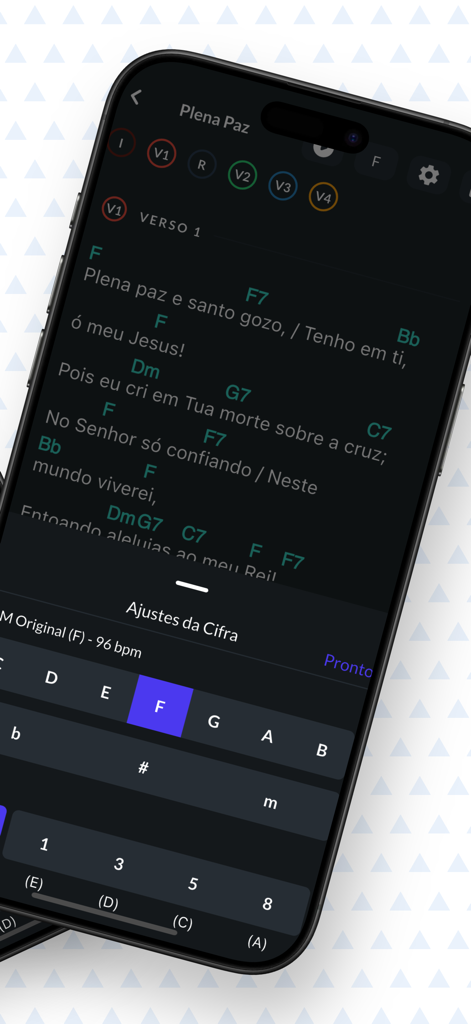 Harpa Cristã Cifrada (PRO) - Letras de músicas e configurações de transposição de acordes no aplicativo móvel Harpa Cristã Cifrada PRO.