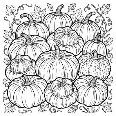 Explore a delightful collection of heirloom pumpkins in this engaging coloring page. Designed with clear, large outlines, it's a perfect relaxing activity tailored for seniors.