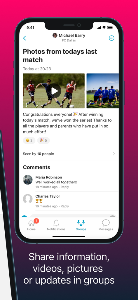 Spond - Spond app screen showing a sports team post with photos from a soccer match and member comments.