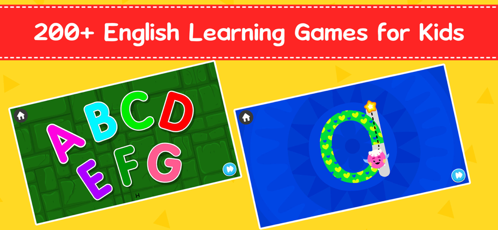 Un banner que muestra más de 200 juegos de aprendizaje de inglés para niños con letras coloridas del alfabeto y una actividad de trazado de letras
