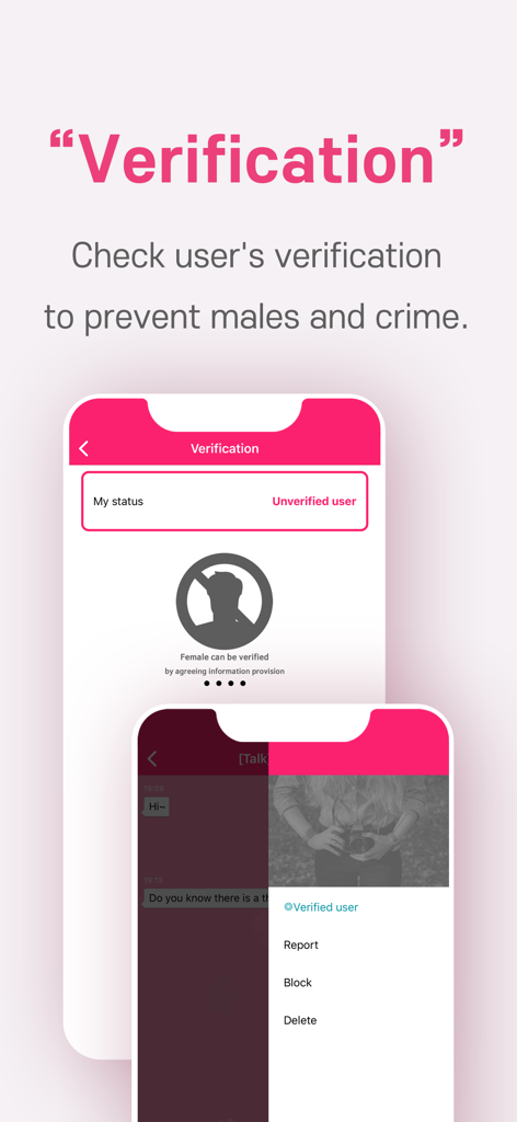 TopL - Pantalla de la aplicación móvil TopL que muestra el estado de verificación y las funciones de seguridad para una comunidad segura de mensajería para lesbianas