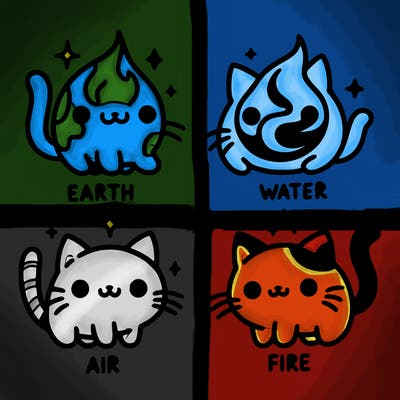 4 cats that represent the different elements, earth, water, air, and fire