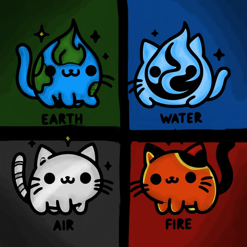 4 cats that represent the different elements, earth, water, air, and fire