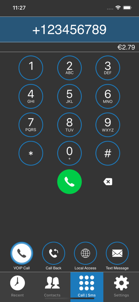 MobileVOIP app dialer interface showing a numeric keypad and credit balance