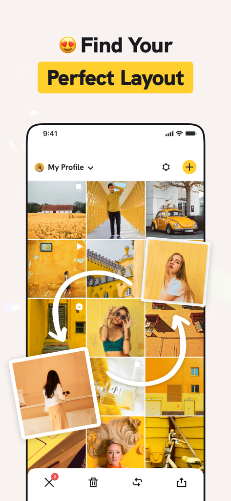 A mobile interface for InView showing a yellow themed Instagram feed preview with drag and drop photo organization