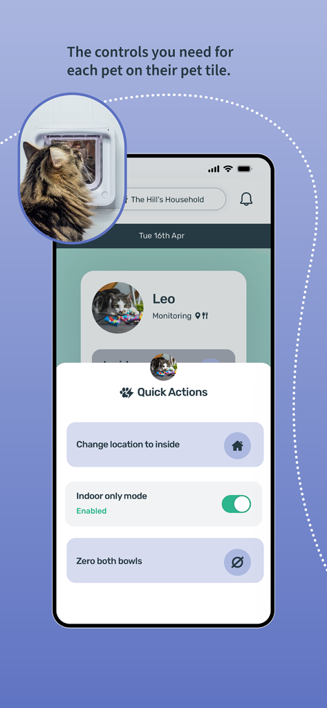 Sure Petcare - Sure Petcareアプリ。室内モードとペットフィーダーのクイックアクションコントロールを表示します。