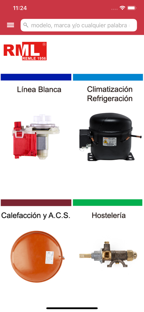 REMLE app home screen showing spare parts categories for appliances HVAC heating and hospitality equipment
