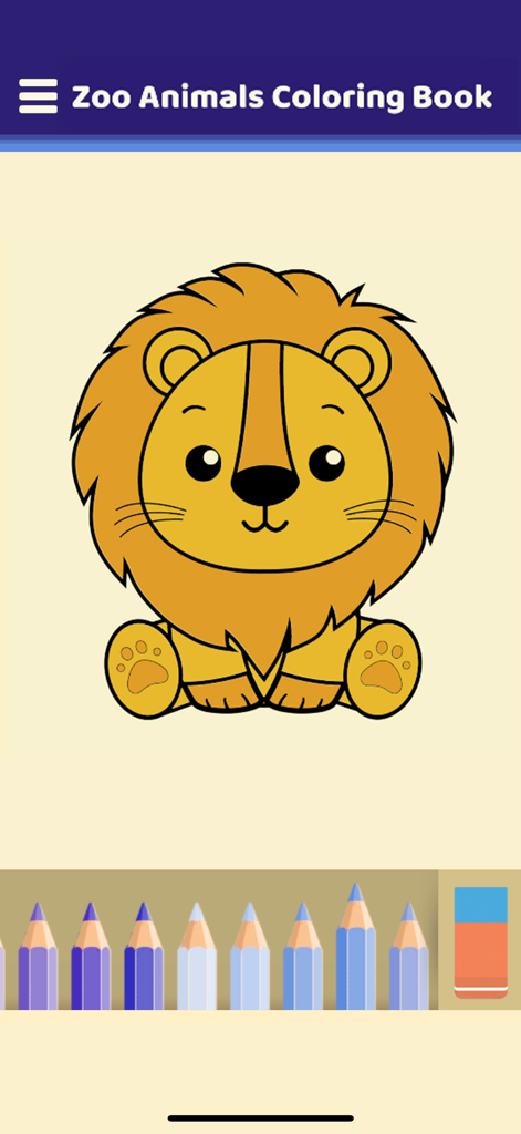 My Zoo Animals Coloring Book - A digital coloring page of a cute cartoon lion with blue pencils and an eraser tool in a kids coloring app.