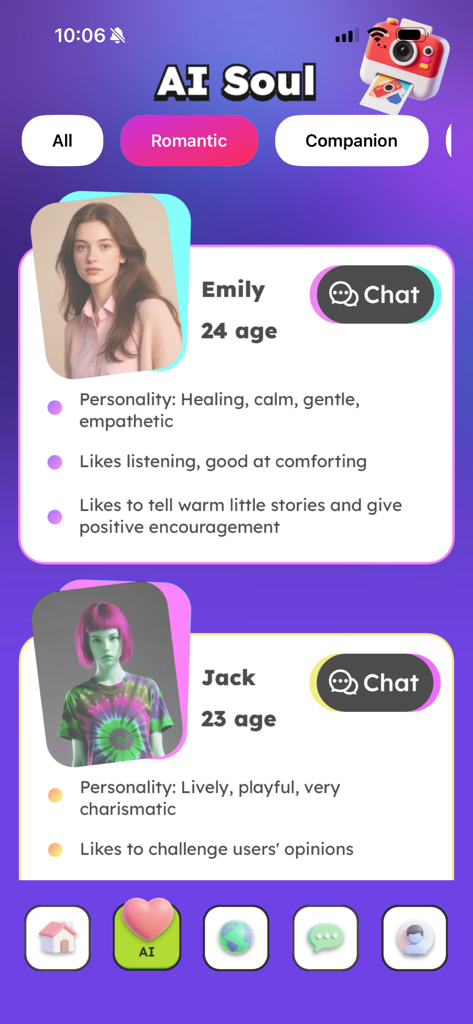 Taggo - Adult Companion，Chat - Taggoアプリの画面。ロマンチックおよび感情的なサポートのためのEmilyやJackなどのAIソウルコンパニオンプロファイルが表示されている。