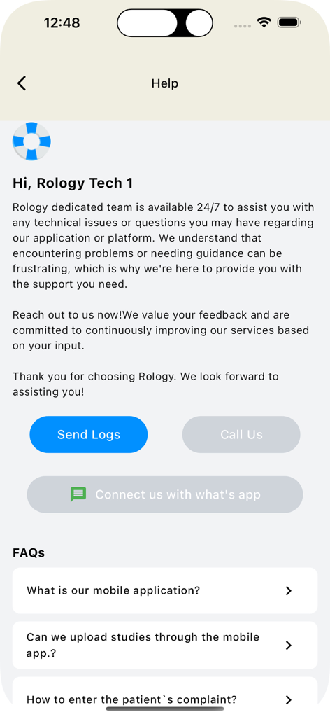 Rology - Pantalla de ayuda de la aplicación Rology que presenta opciones de contacto de soporte técnico y una sección de preguntas frecuentes médicas para radiógrafos