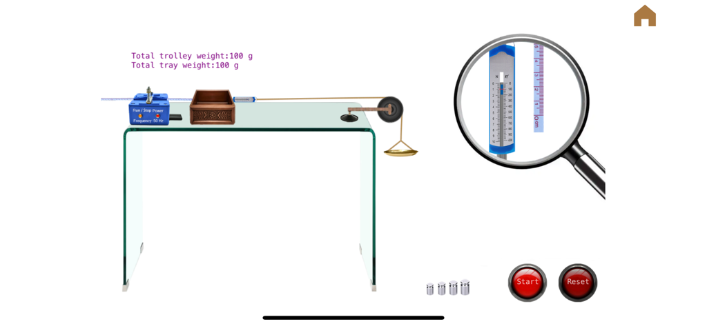 Phys. Lab - A physics lab app simulation showing an experiment for Newtons Second Law with a trolley and weights