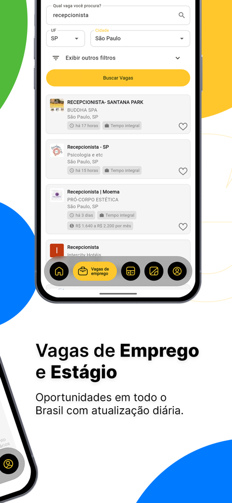 O Trabalhador app screen displaying job search results for receptionist positions in Sao Paulo