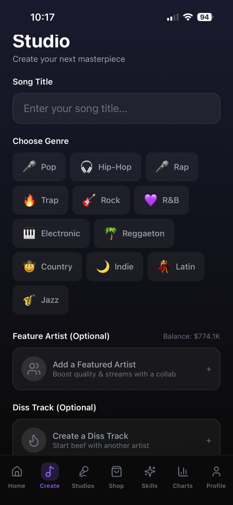 Musician Career Simulator - Studio screen in Musician Career Simulator showing options to enter a song title and select music genres like Hip-Hop and Trap