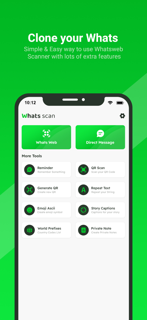 WhatsWeb - Click to Chat - Pantalla de inicio de la aplicación WhatsWeb mostrando herramientas para clonar cuentas y enviar mensajes directos