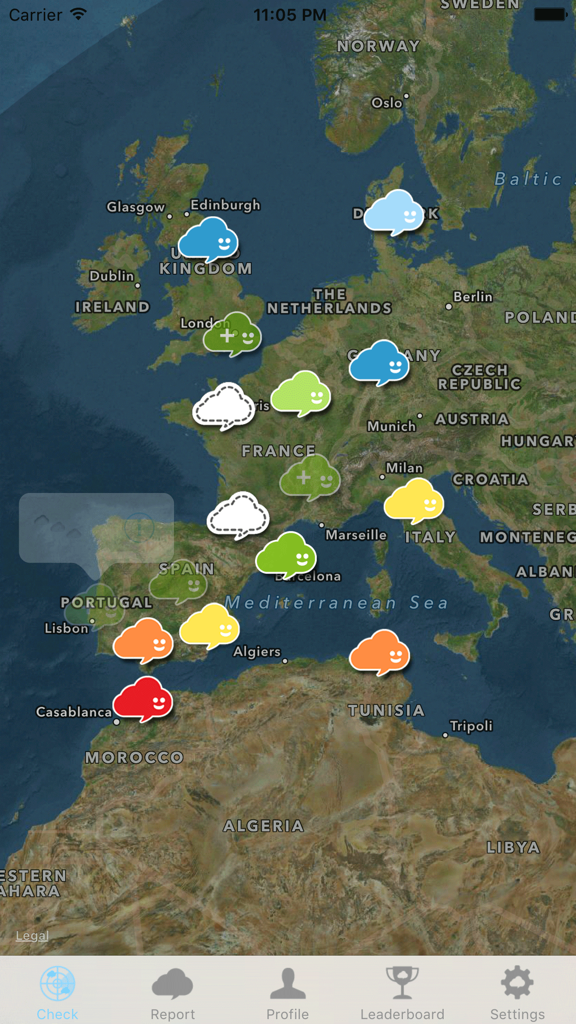 Weddar - Social Weather - Satellite map view in the Weddar app displaying crowdsourced weather reports across Europe and North Africa using colored cloud icons.
