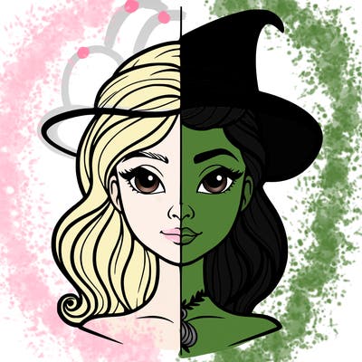 a girls face in have one side elphapha  the other side glinda for om wivked