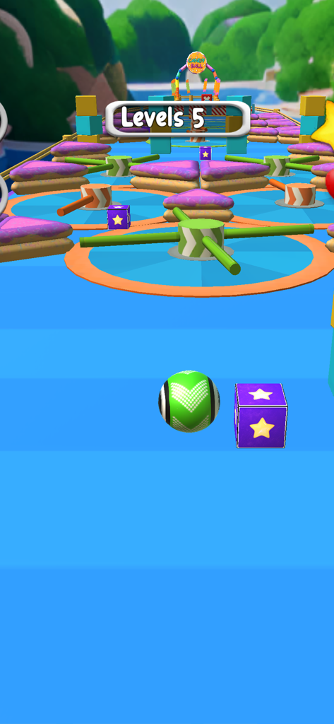 Rolling Ball Sky Escape Game - A green rolling ball navigating through obstacles on a sky-high track in Level 5