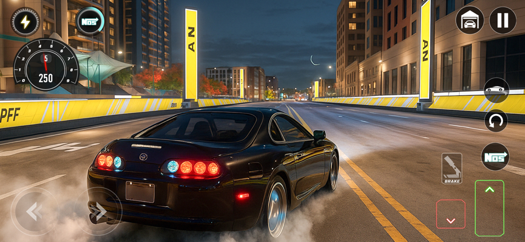 Real Car Driving City 3d Game - 黒いスポーツカーがリアル・カー・ドライビング・シティ 3D ゲームの夜の市街地で、タイヤのスモークとゲームUIと共にドリフトしている様子。