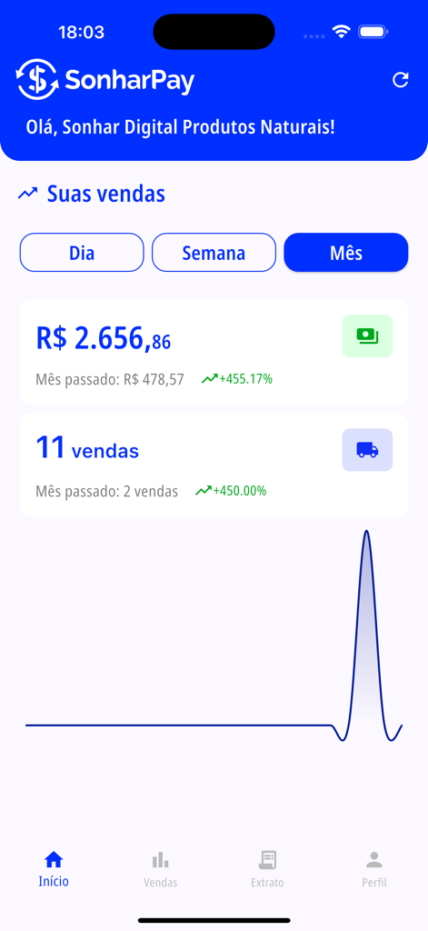 Sonhar Pay - Sonhar Pay app screen showing monthly sales revenue and growth metrics for digital entrepreneurs.