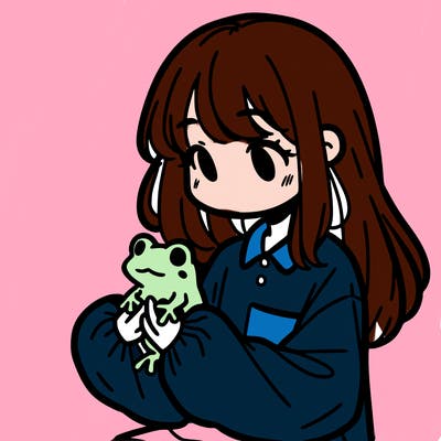 girl with long hair and a oversized shirt. and she is holding a frog