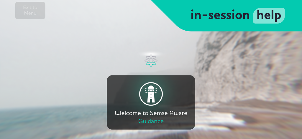 Semse Aware: Be Present Now - Uma interface de ajuda e orientação sobrepondo uma paisagem costeira no aplicativo de meditação Semse Aware.