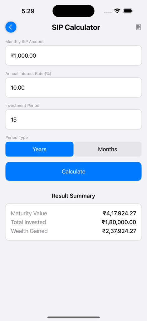 Loan Calc: Easy EMI Calculator - SIP calculator interface showing investment results and maturity value
