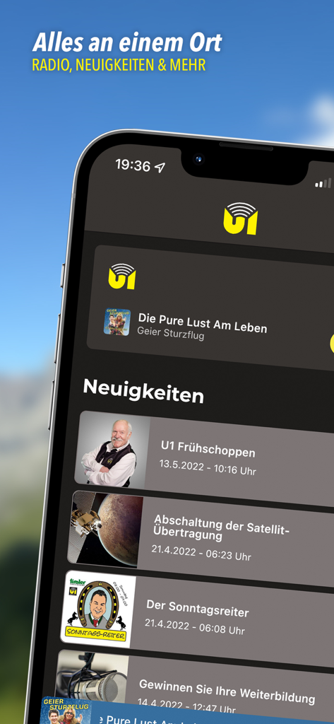 Radio U1 Tirol - Interfaccia dell'app mobile Radio U1 Tirol che mostra la musica e il feed di notizie attuali su uno smartphone