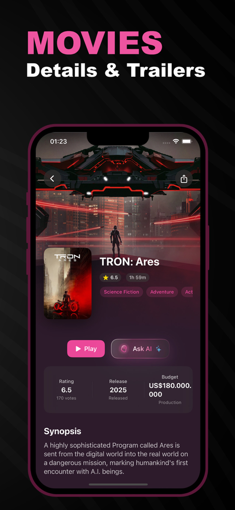 Hi TV : Movies & TV Shows AI - Interface de l'application Hi TV montrant les détails du film TRON Ares avec assistance IA et synopsis.