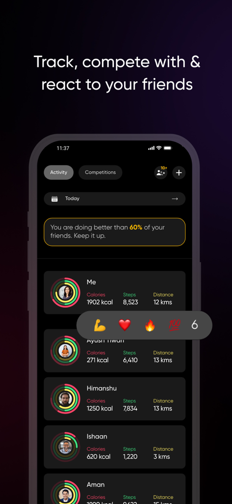 NoiseFit: Health & Fitness - NoiseFit app interface showing fitness activity leaderboard and social reactions among friends.