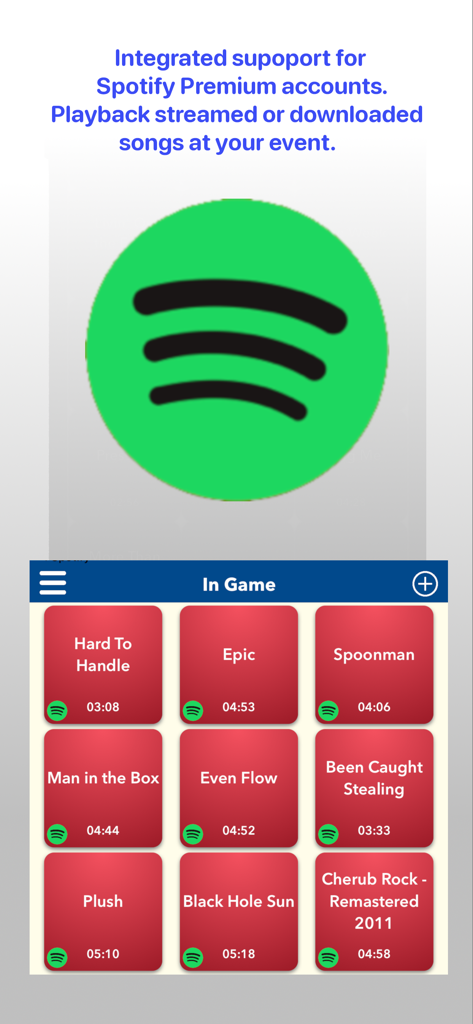 Sports Audio DJ app interface showing Spotify Premium integration and a grid of song selection buttons