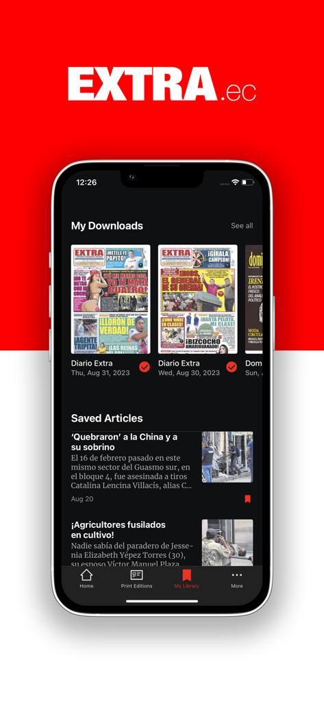 Biblioteca de la aplicación móvil Diario Extra mostrando ediciones de periódicos descargadas y artículos guardados.
