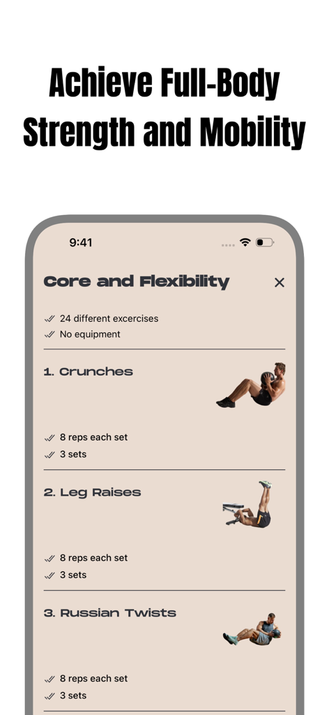 Calis : Calisthenics Workout - A core and flexibility workout routine in the Calis app showing bodyweight exercises like crunches and leg raises