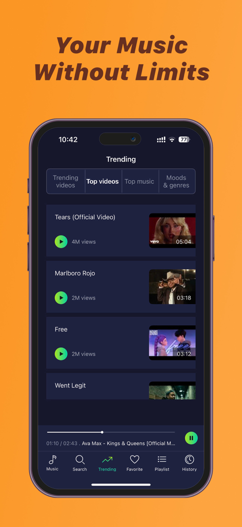 Una captura de pantalla móvil de la aplicación Player GR que muestra una lista de vídeos de música de tendencia bajo un encabezado que dice Tu Música Sin Límites.