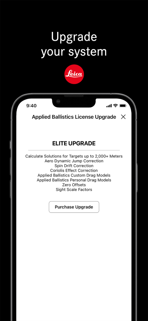 Applied Ballistics Elite Upgrade screen in the Leica Ballistics app listing premium long range shooting features