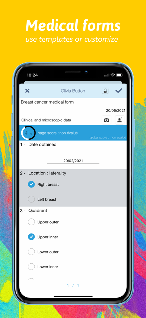 Medicapp Pro 앱 내에서 유방암 데이터를 위한 사용자 정의 가능한 의료 양식을 보여주는 스마트폰 화면.