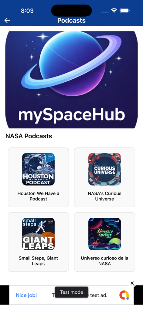 mySpaceHub - The mySpaceHub app screen displaying a selection of NASA podcasts including Houston We Have a Podcast and NASAs Curious Universe.