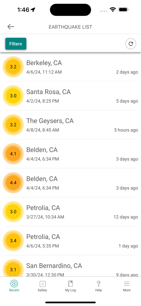 MyShake Earthquake Alerts - A list of recent earthquakes in California showing magnitude, location, and time on the MyShake app.