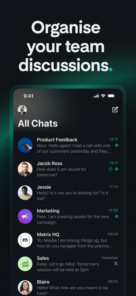 Element Pro for workモバイルインターフェース。ダークモードで安全なチームディスカッションのリストを表示する「すべてのチャット」画面が表示されています。