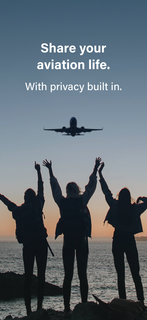 Three people cheering at a plane flying overhead at sunset with text about sharing aviation life with privacy