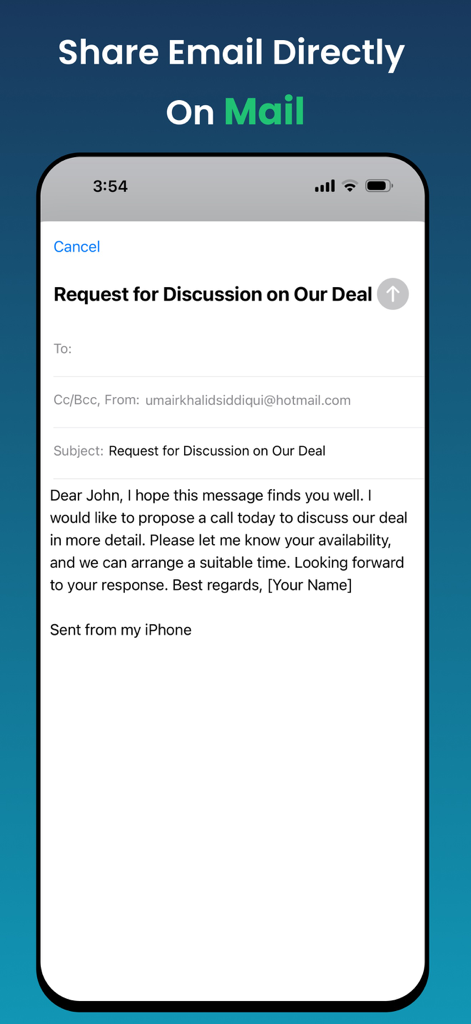Email Writer : AI Email Writer - A professional business email draft generated by the AI Email Writer app on an iPhone