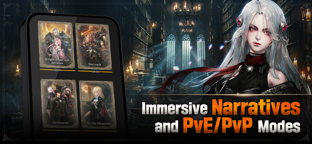 HEIR OF LIGHT Eclipseプロモーション画面。没入型ナラティブとPvE PvPゲームモードを表示。