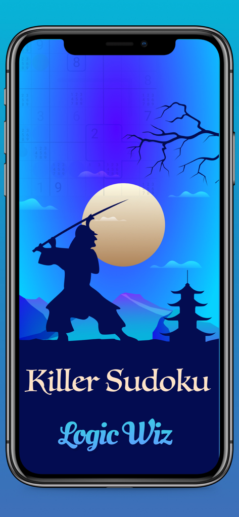Killer Sudoku by Logic Wiz - Killer Sudoku by Logic Wiz app splash screen with a samurai silhouette and a full moon over mountains