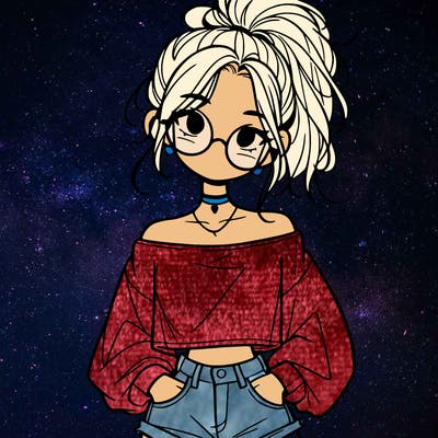 girl with a messy ponytail glasses a baggy crop top and jean shorts