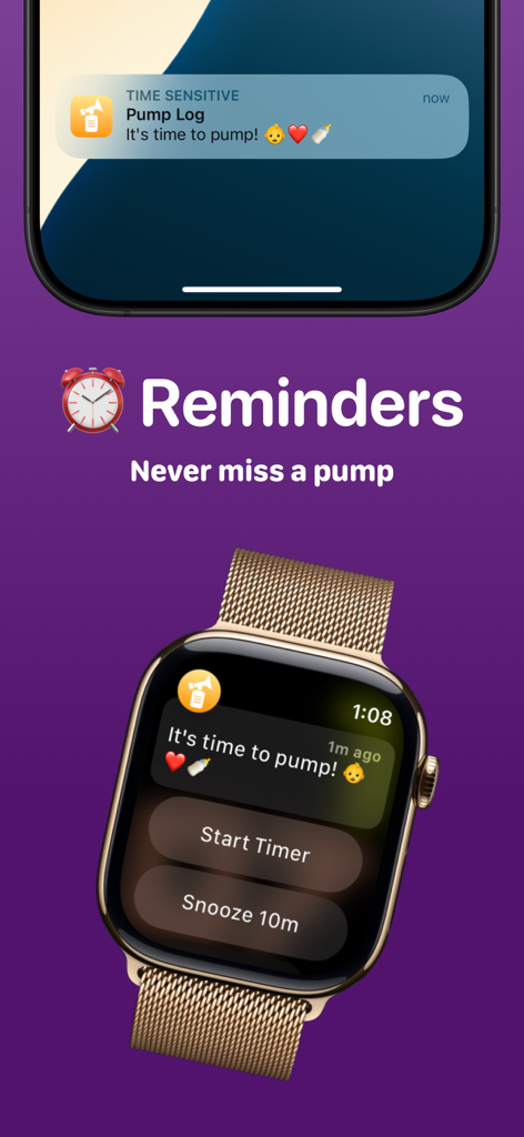 Pump Log® - Track Breast Milk - iPhone and Apple Watch showing time to pump notifications from the Pump Log app